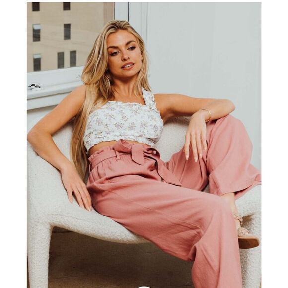 ReWash Paperbag waist tie front pockets blush pink linen blend NEW SZ SM - Picture 2 of 13